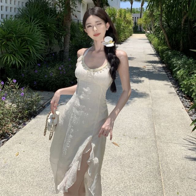 Moanum-Halter Neck Chiffon Asymmetrical Dress