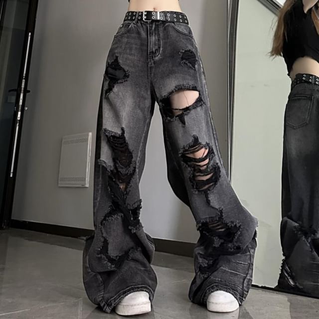 Chisan - Mid Rise Washed Ripped Wide Leg Jeans | YesStyle