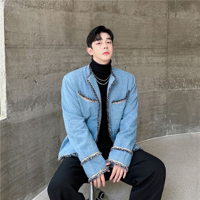 Patow-Tweed Trim Button-Up Jacket
