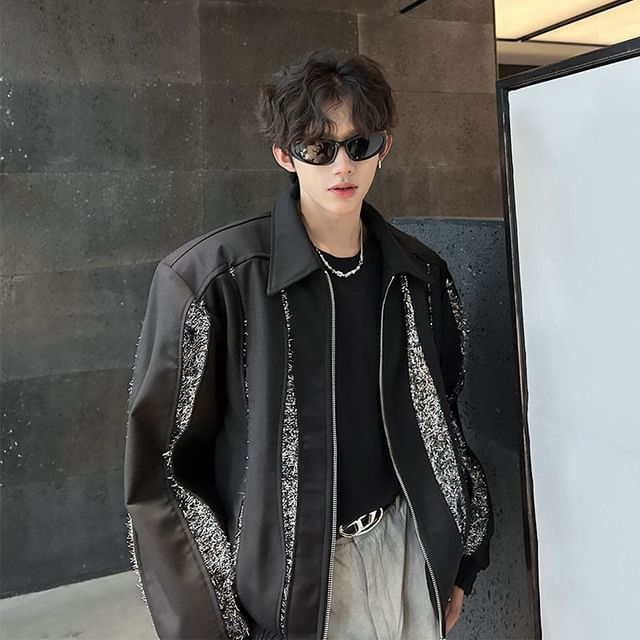 Patow-Sequined Panel Faux Leather Zip Jacket