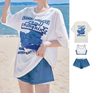 Sancus Set: Two Tone Crop Tankini Top + Swim Shorts + Short-Sleeve Lettering Cover Up Sale