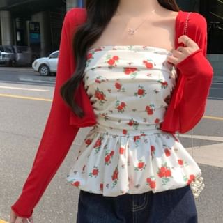 Ukiyo Floral Peplum Tube Top / Plain Crop Cardigan Sale