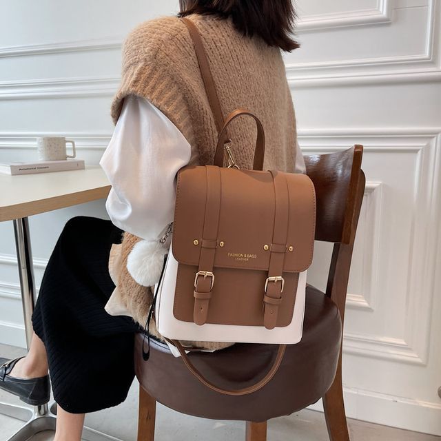 HOVERUP - Two Tone Flap Faux Leather Backpack | YesStyle display picture 1