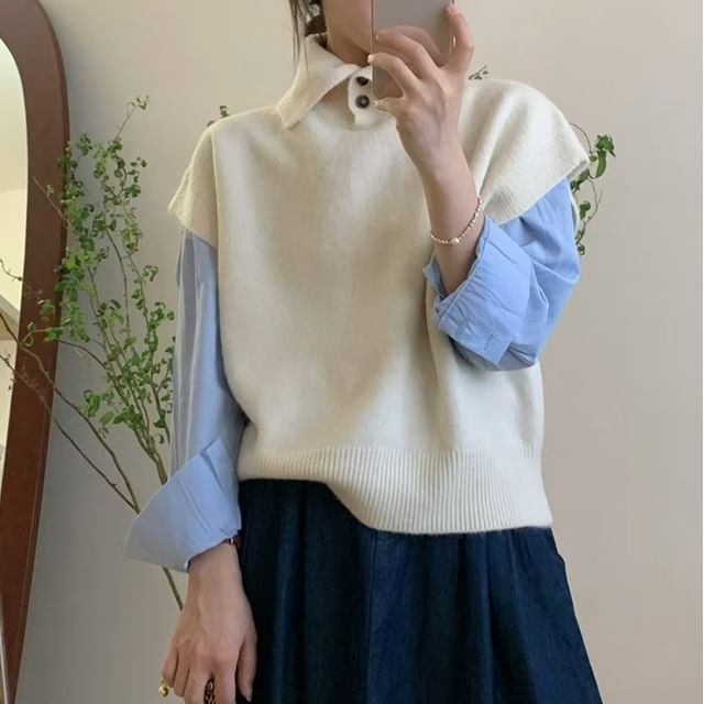 Ukiyo-Cap-Sleeve Turtleneck Plain Sweater Vest