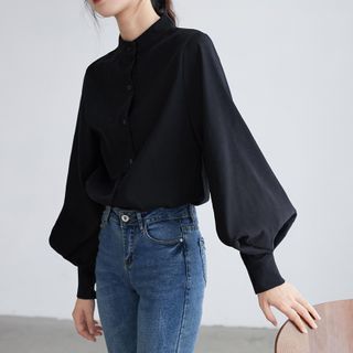Shincastle - Bishop-Sleeve Stand Collar Button-Up Blouse | YesStyle