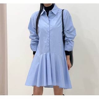 Maisee-Long-Sleeve Plain Button-Up Mini Shirtdress