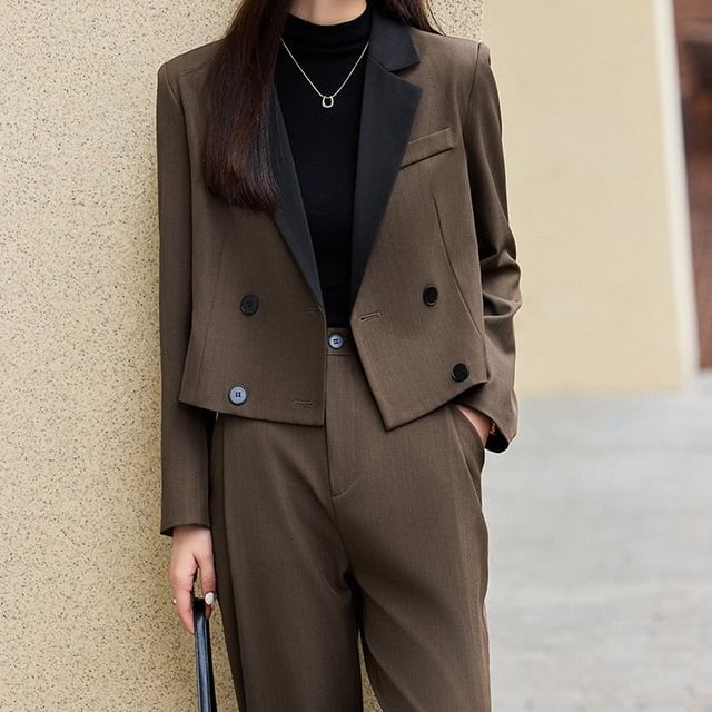 Skyheart-Lapel Collar Two Tone Double-Breasted Crop Blazer Mid Waist Plain Loose Fit Dress Pants Pleated Midi A-Line Skirt Set