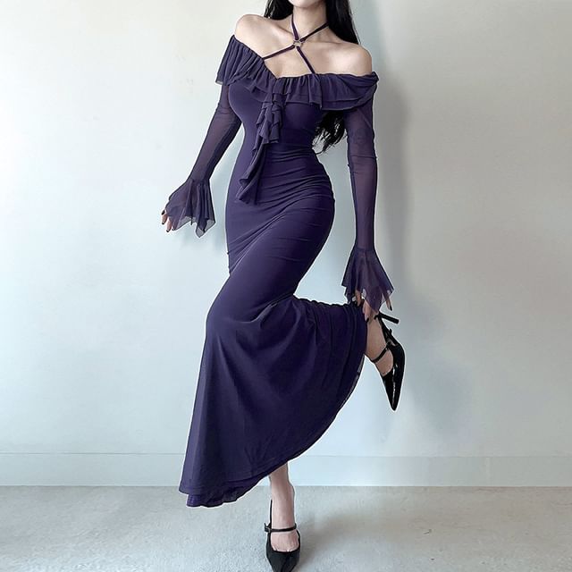 Long Sleeve Off-Shoulder Ruffle Plain Bodycon Maxi Dress