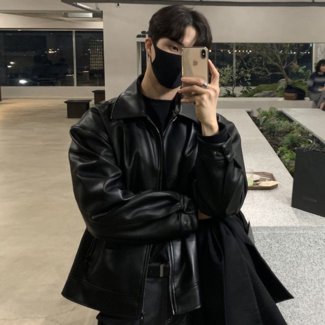 DragonRoad-Plain Faux Leather Zip Jacket