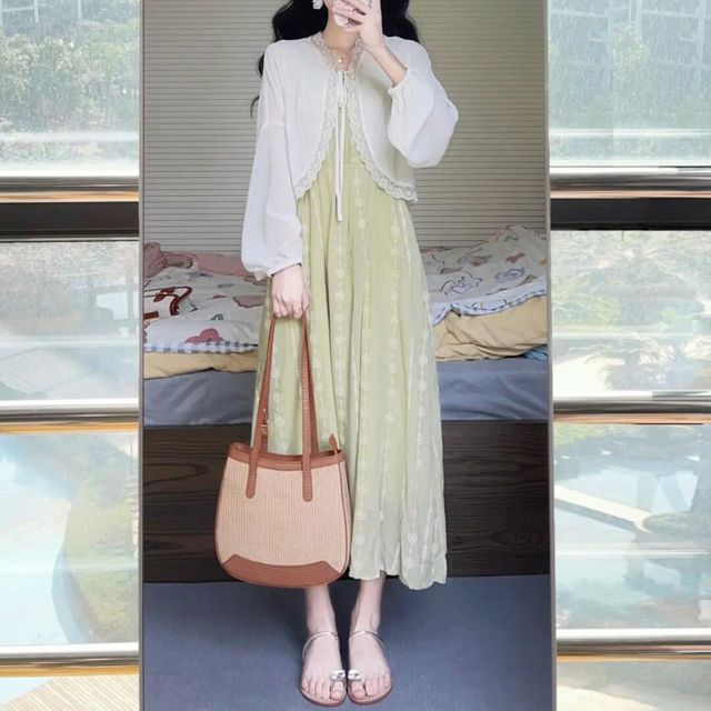 Shinsei - Maternity Plain Lace Trim Light Jacket / Spaghetti Strap Flower  Embroidered Midi Smock Dress | YesStyle