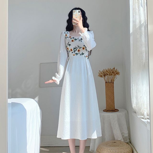 Eckazoo - Long-Sleeve Embroidered Midi A-Line Dress | YesStyle