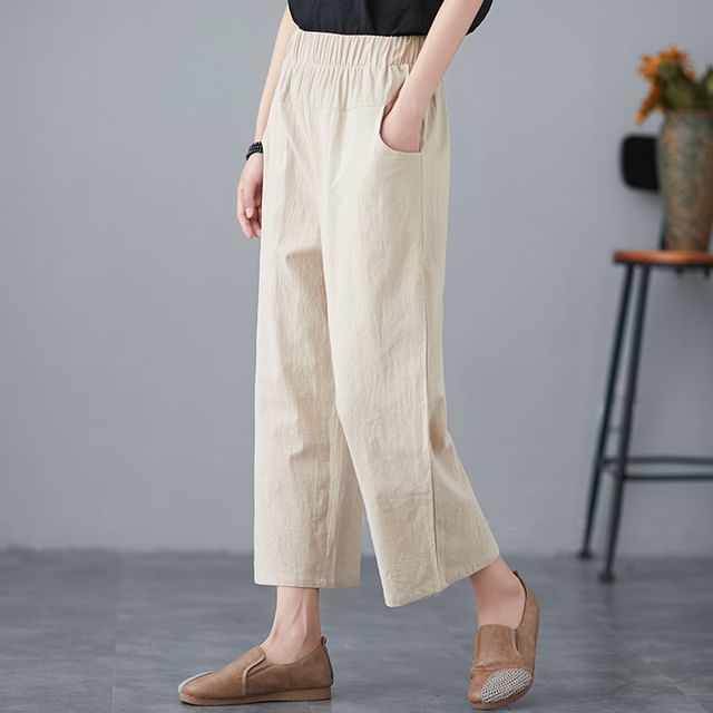 Supernova-Elastic Waist Plain Cropped Loose Fit Pants