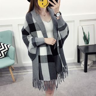 Odestra-Plaid Fringed Open Front Cardigan