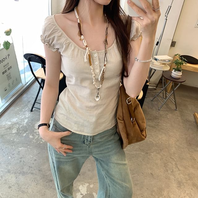 Asiris-Short-Sleeve Scoop Neck Plain Henley Top