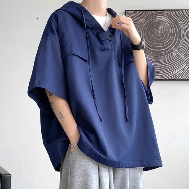 FOEV-Elbow-Sleeve Plain Hooded T-Shirt