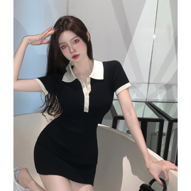 Ginger Girl - Contrast Collar Mini Bodycon Polo Dress | YesStyle