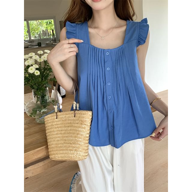 Beem-Sleeveless Square Neck Plain Flowy Blouse