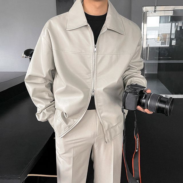 MRCYC-Collared Faux Leather Double-Ended Zip Jacket