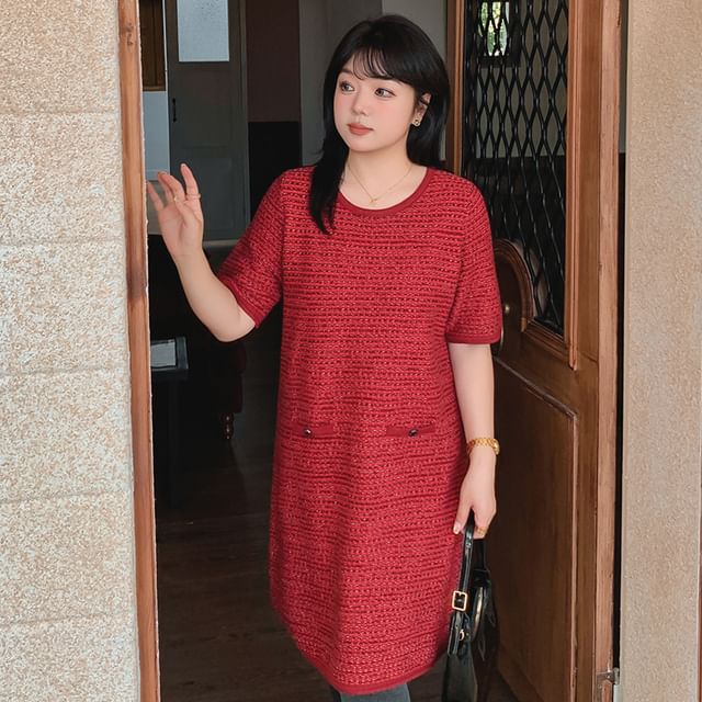 Elbow-Sleeve Crew Neck Tweed Shift Knit Dress