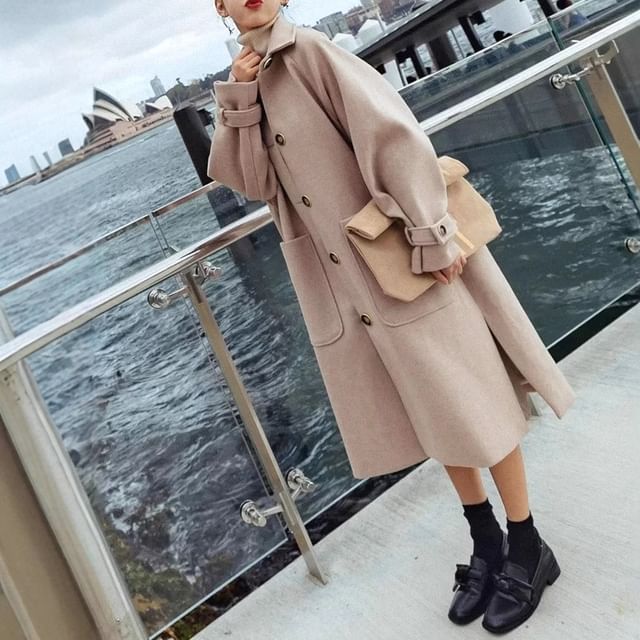 ISSOL-Collar Plain Midi Single-Breasted Coat