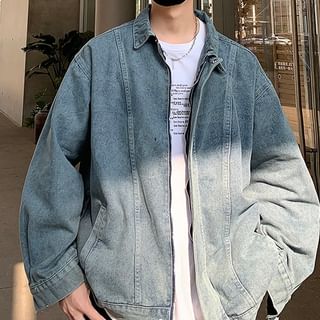 Trimecca-Collared Washed Zip-Up Denim Jacket