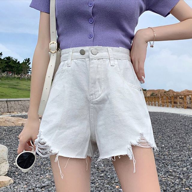 Everose-Mid Rise Distressed Denim Shorts