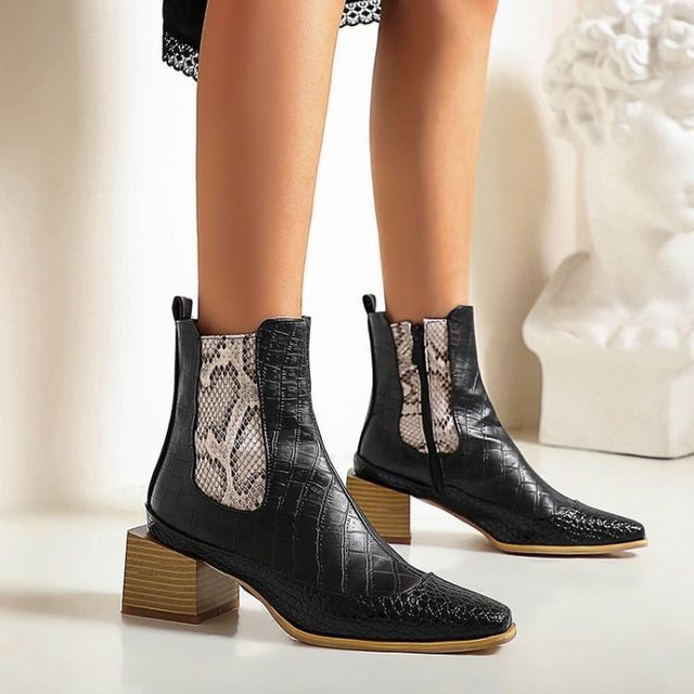 Freesia Snake Print Panel Block Heel Short Boots Black 37