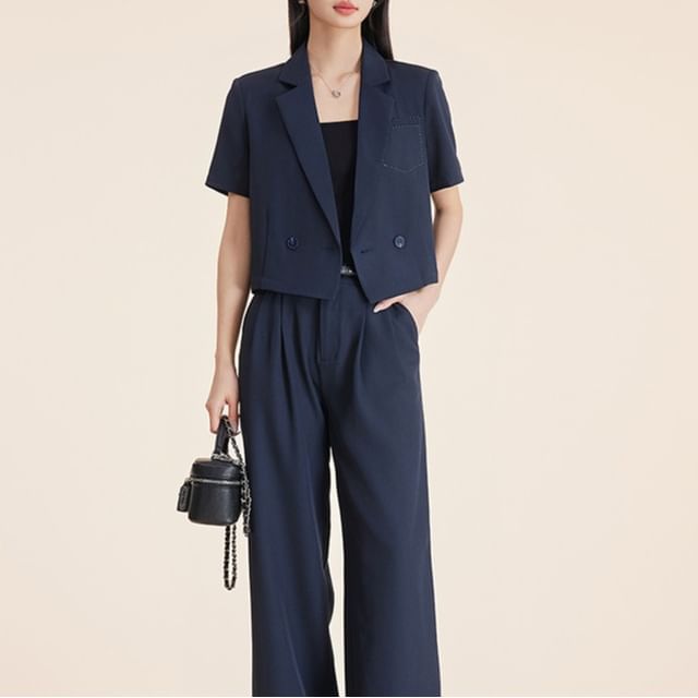 Princess Min-Set Short-Sleeve Lapel Collar Plain Double Button Blazer High Rise Plain Straight Leg Suit Pants