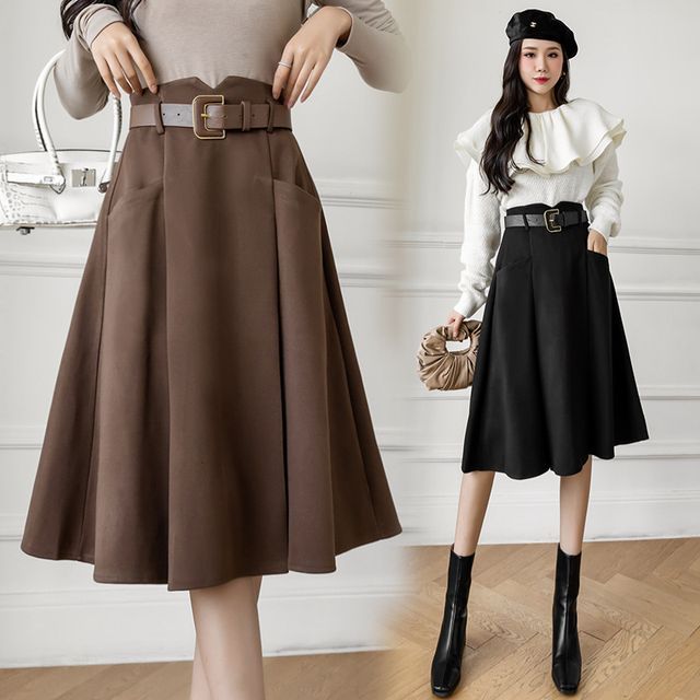 Sienne - High Waist Belted Midi A-Line Skirt | YesStyle