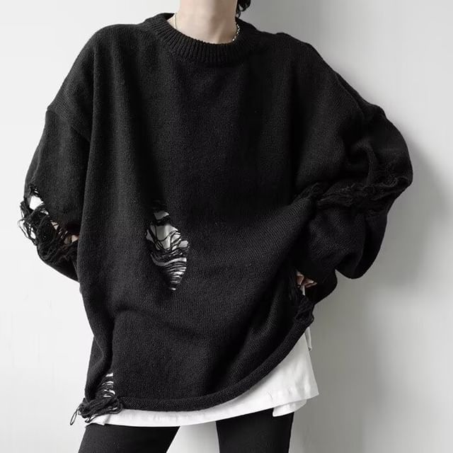 Sinlarity-Crewneck Distressed Plain Sweater