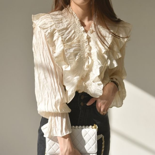 Tulstrix-Puff-Sleeve V-Neck Plain Ruffle Blouse