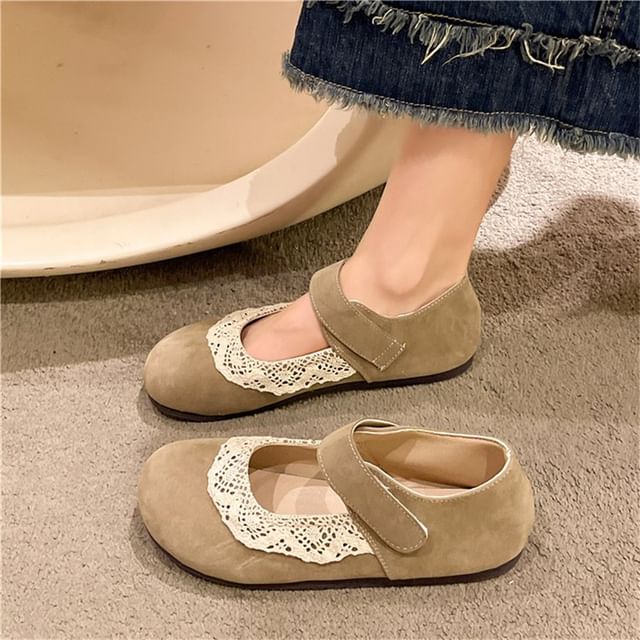 Nikao-Round Toe Lace Trim Mary Jane Flats