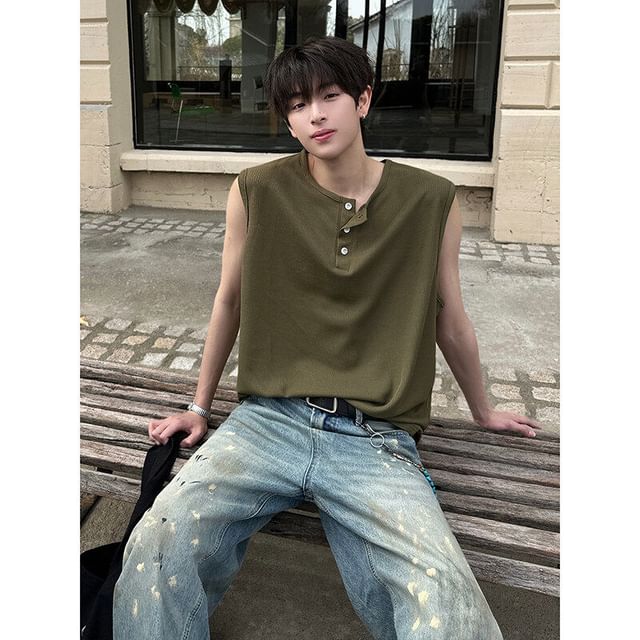 Freehop-Henley Plain Tank Top