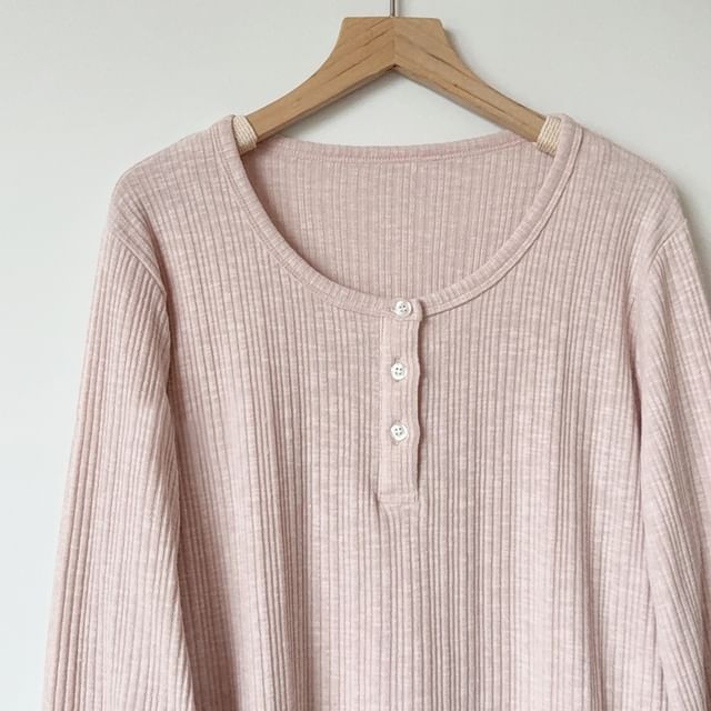 Glotto-Long Sleeve Round Neck Henley Ribbed Top