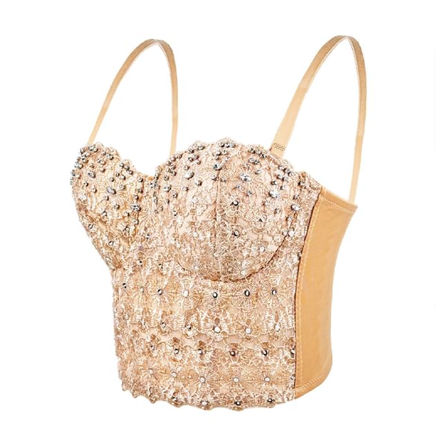 Doowex-Sweetheart Neck Sequined Rhinestone Crop Bustier Top