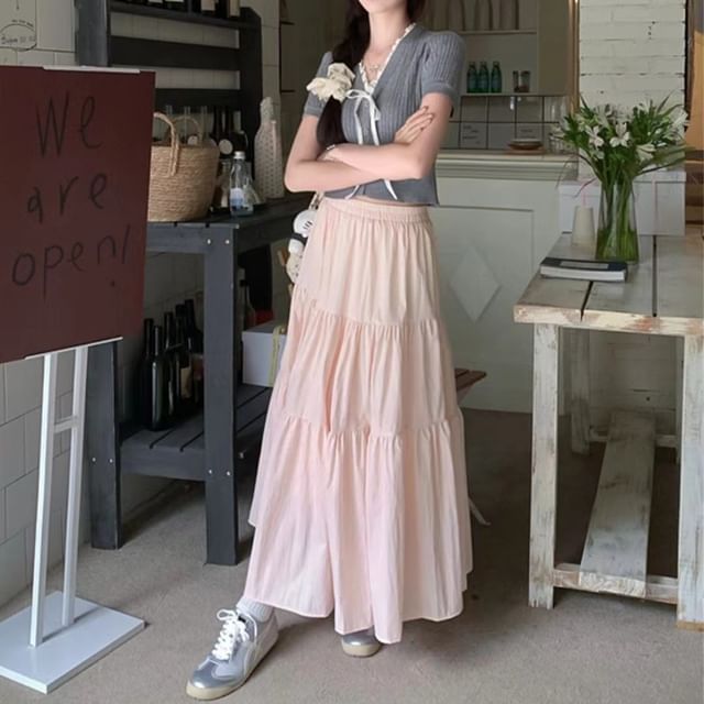 Woohan-High Rise Plain Maxi A-Line Skirt