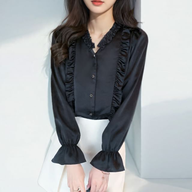 Dragan Pulse-Long Sleeve V-Neck Ruffle Plain Button Blouse