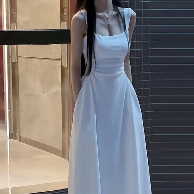 Elbelier-Ärmelloses schlichtes Midi-A-Linien-Kleid mit quadratischem Ausschnitt