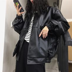 2DAWGS - 情侶裝仿皮貼布繡拉鏈外套 2DAWGS - 情侶裝仿皮貼布繡拉鏈外套
