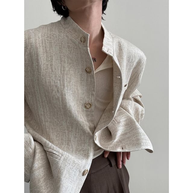Nahagin-Stand Collar Jacquard Single-Breasted Blazer