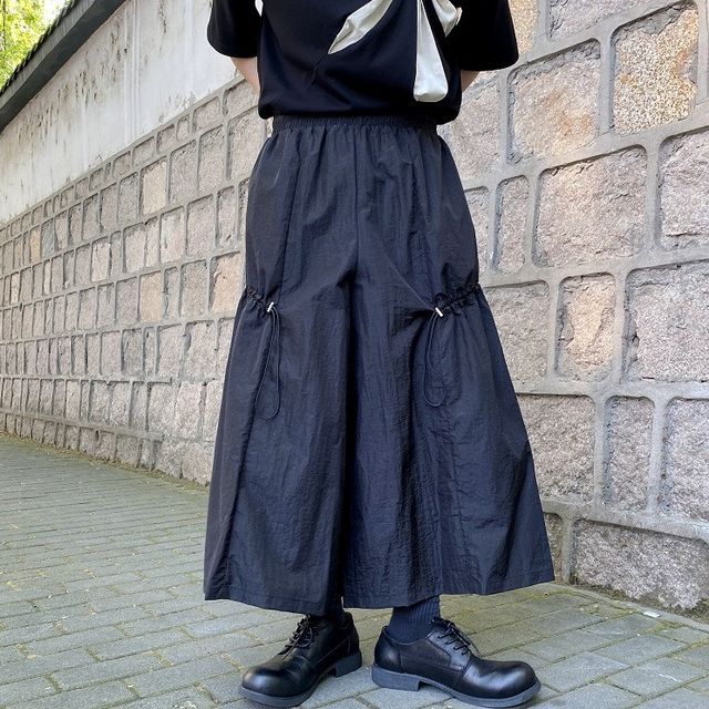 Freehop-Elastic Waist Plain Drawstring Wide Leg Pants