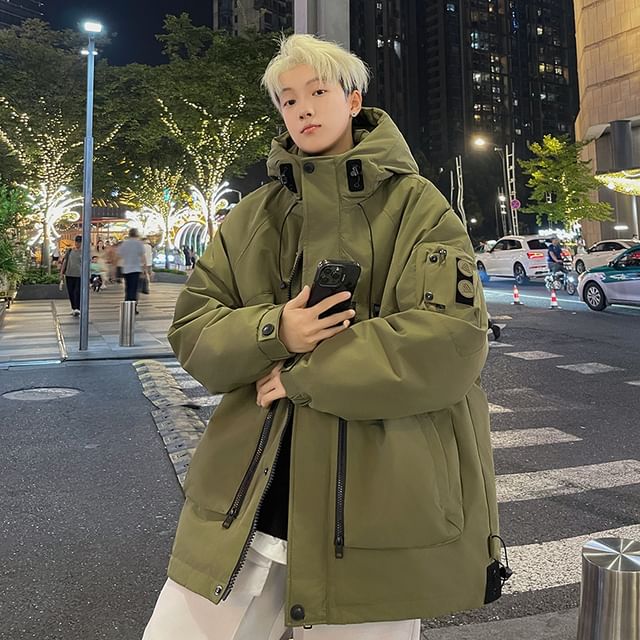 Bay Go Mall-Plain Hooded Zip Jacket