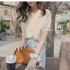 INEN - Short-Sleeve Dotted V-Neck Buttoned Blouse INEN - Short-Sleeve Dotted V-Neck Buttoned Blouse