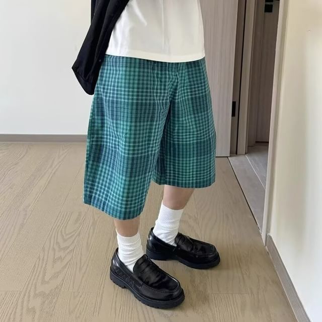 Sinlarity Mid Rise Plaid Wide Leg Shorts YesStyle