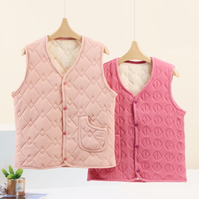 KUMI-V-Neck Quilted Fleece-Lined Button Vest