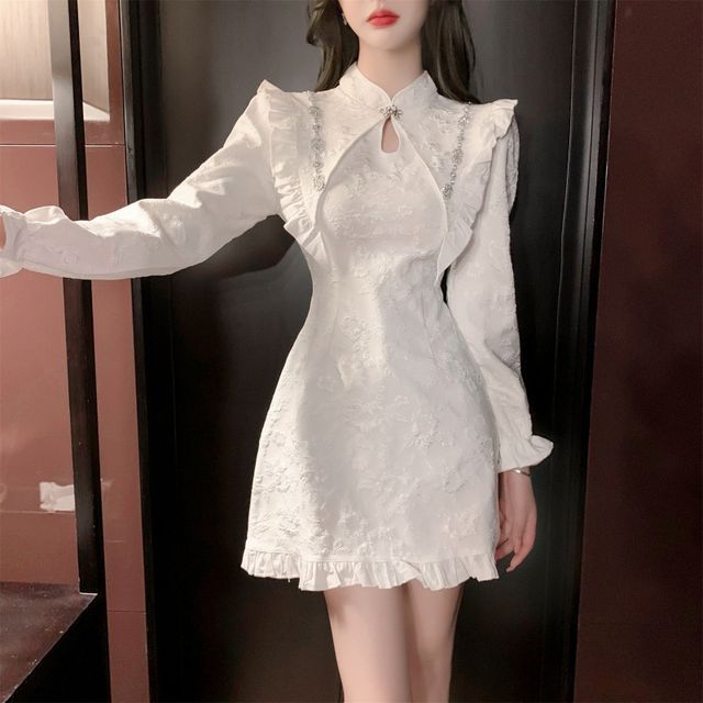 Tanzil - Puff-Sleeve Floral Jacquard Ruffle Trim Mini A-Line Dress