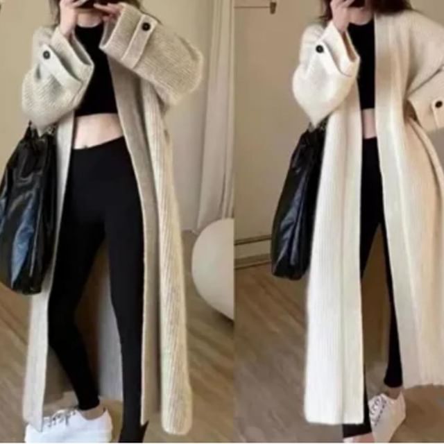 Bigfol-Plain Open Front Long Cardigan