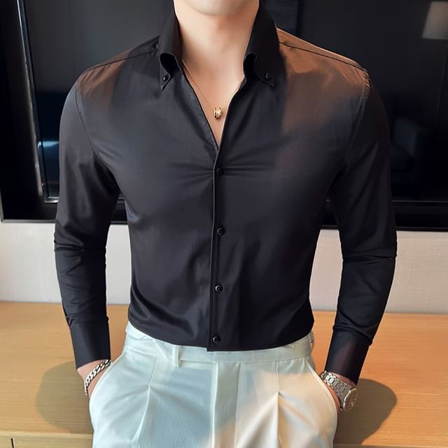 Lefitt-Long-Sleeve Plain Button-Up Shirt