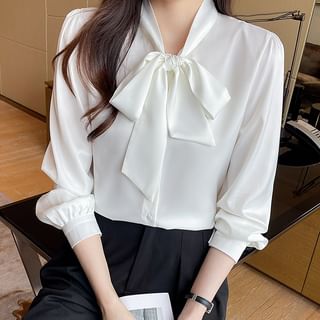 Hanji Long-Sleeve Tie-Neck Plain Button-Up Blouse