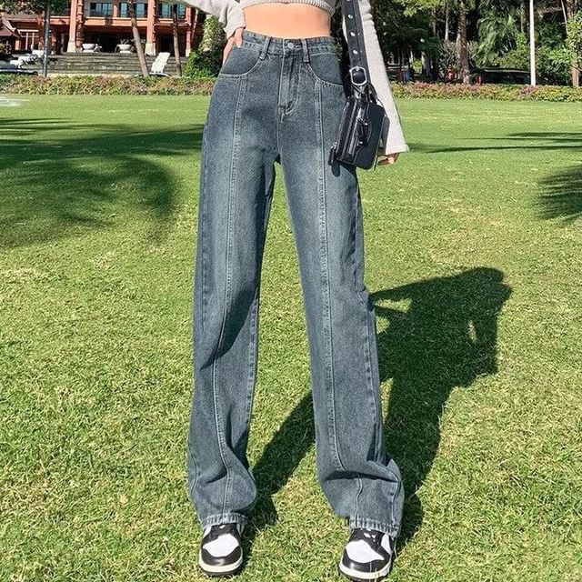 Sienne-High Rise Washed Straight Leg Jeans